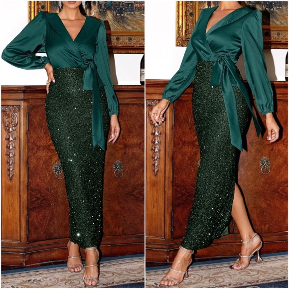 Luxe Satin Sequin Holiday Party Evening Formal Dress - Picture 5 of 9